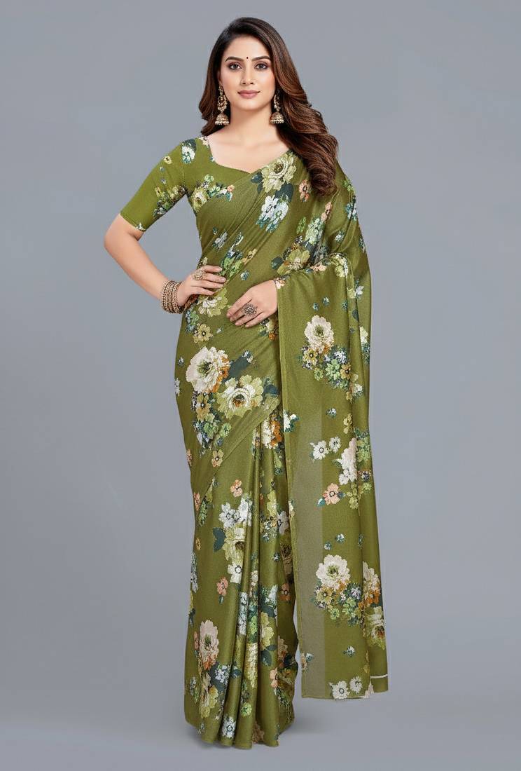 Green printed satin saree with blouse piece
