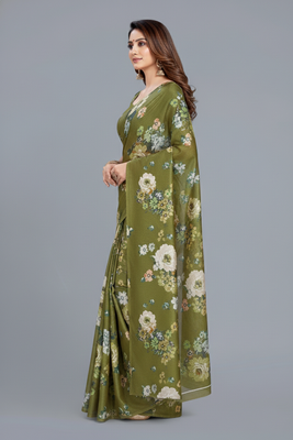 Green printed satin saree with blouse piece 2