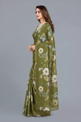 Green printed satin saree with blouse piece