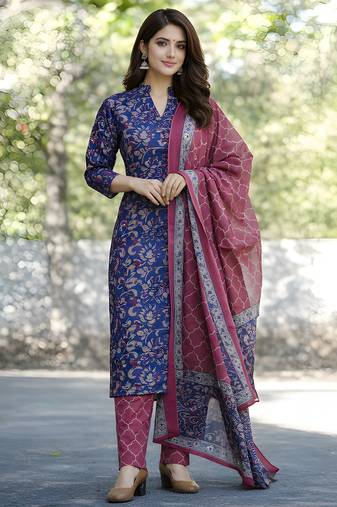 Floral Printed Cotton Mandarin Collar Straight Kurta With Trousers And Dupatta Set