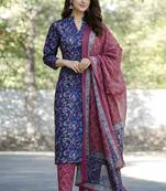 Floral Printed Cotton Mandarin Collar Straight Kurta With Trousers And Dupatta Set
