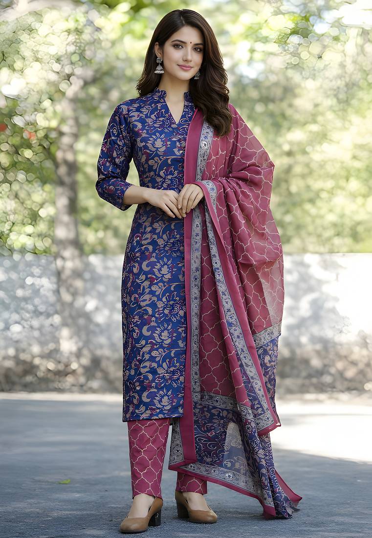 Floral Printed Cotton Mandarin Collar Straight Kurta With Trousers And Dupatta Set