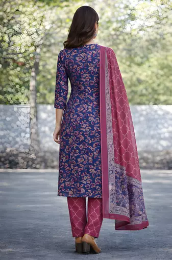 Floral Printed Cotton Mandarin Collar Straight Kurta With Trousers And Dupatta Set