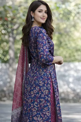 Floral Printed Cotton Mandarin Collar Straight Kurta With Trousers And Dupatta Set