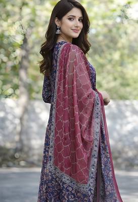Floral Printed Cotton Mandarin Collar Straight Kurta With Trousers And Dupatta Set 5