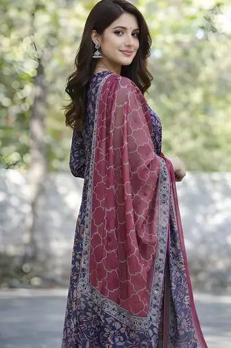 Floral Printed Cotton Mandarin Collar Straight Kurta With Trousers And Dupatta Set