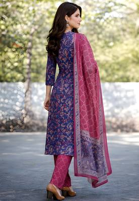 Floral Printed Cotton Mandarin Collar Straight Kurta With Trousers And Dupatta Set 6