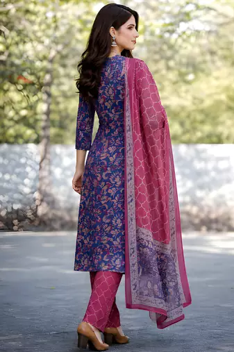 Floral Printed Cotton Mandarin Collar Straight Kurta With Trousers And Dupatta Set