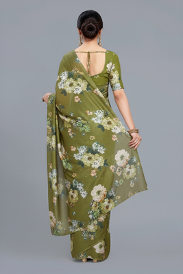 Green printed satin saree with blouse piece 3