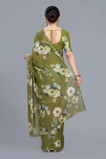 Green printed satin saree with blouse piece