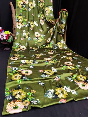 Green printed satin saree with blouse piece 4
