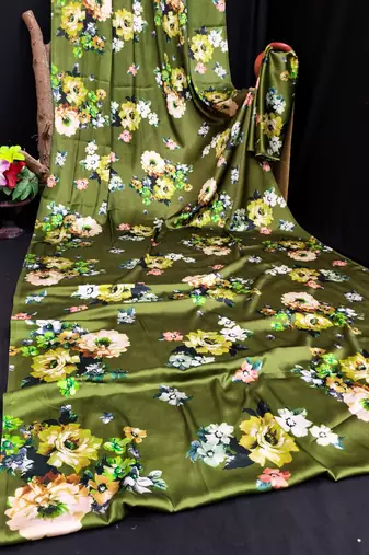 Green printed satin saree with blouse piece