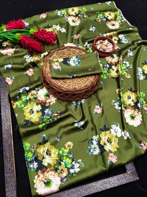 Green printed satin saree with blouse piece 5