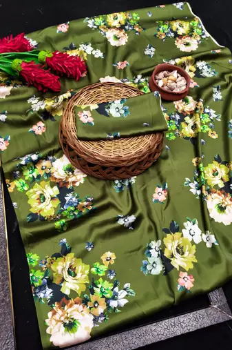 Green printed satin saree with blouse piece