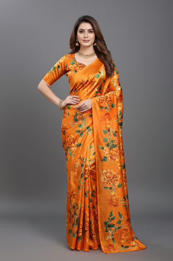 Orange printed satin saree with blouse piece