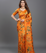 Orange printed satin saree with blouse piece