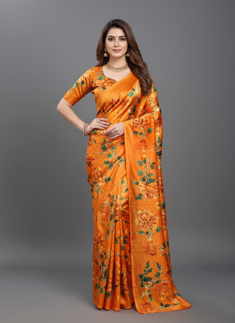Orange printed satin saree with blouse piece