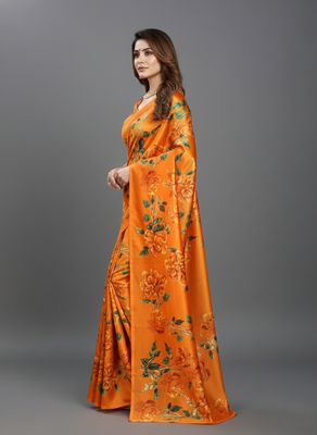 Orange printed satin saree with blouse piece 2