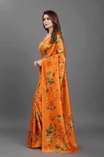 Orange printed satin saree with blouse piece