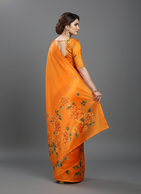 Orange printed satin saree with blouse piece 3