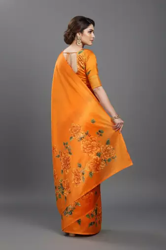 Orange printed satin saree with blouse piece