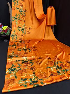 Orange printed satin saree with blouse piece 4