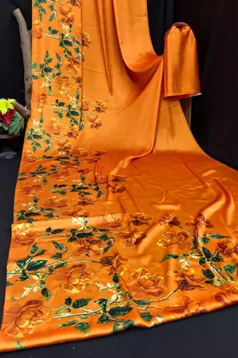 Orange printed satin saree with blouse piece