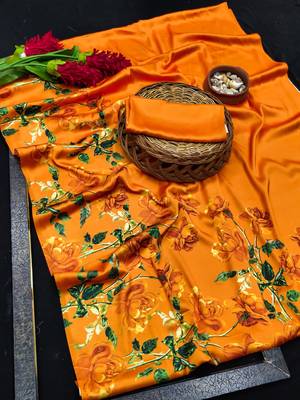 Orange printed satin saree with blouse piece 5
