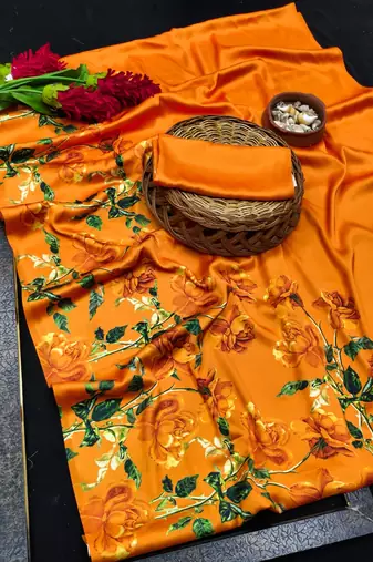 Orange printed satin saree with blouse piece