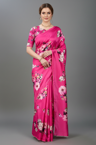 Pink printed satin saree with blouse piece