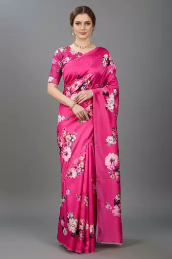 Pink printed satin saree with blouse piece