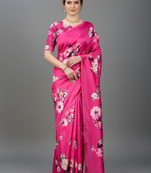 Pink printed satin saree with blouse piece