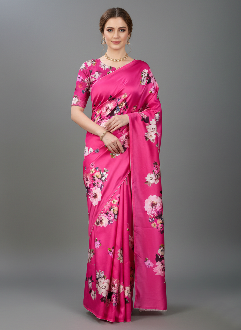 Pink printed satin saree with blouse piece
