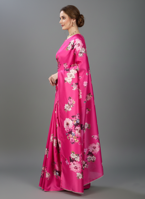 Pink printed satin saree with blouse piece 2