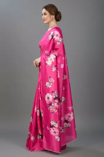 Pink printed satin saree with blouse piece
