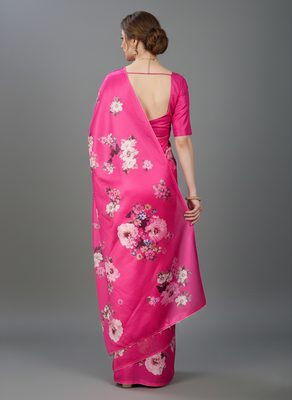 Pink printed satin saree with blouse piece 3