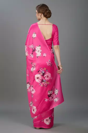Pink printed satin saree with blouse piece