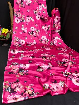 Pink printed satin saree with blouse piece 4