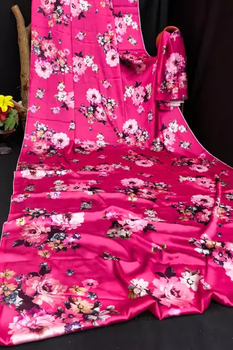 Pink printed satin saree with blouse piece