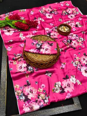Pink printed satin saree with blouse piece 5