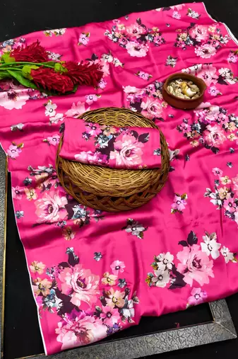 Pink printed satin saree with blouse piece