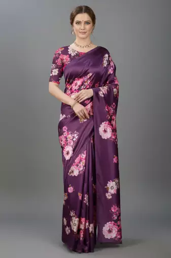 Purple printed satin saree with blouse piece