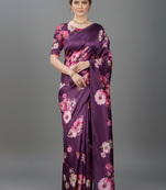 Purple printed satin saree with blouse piece