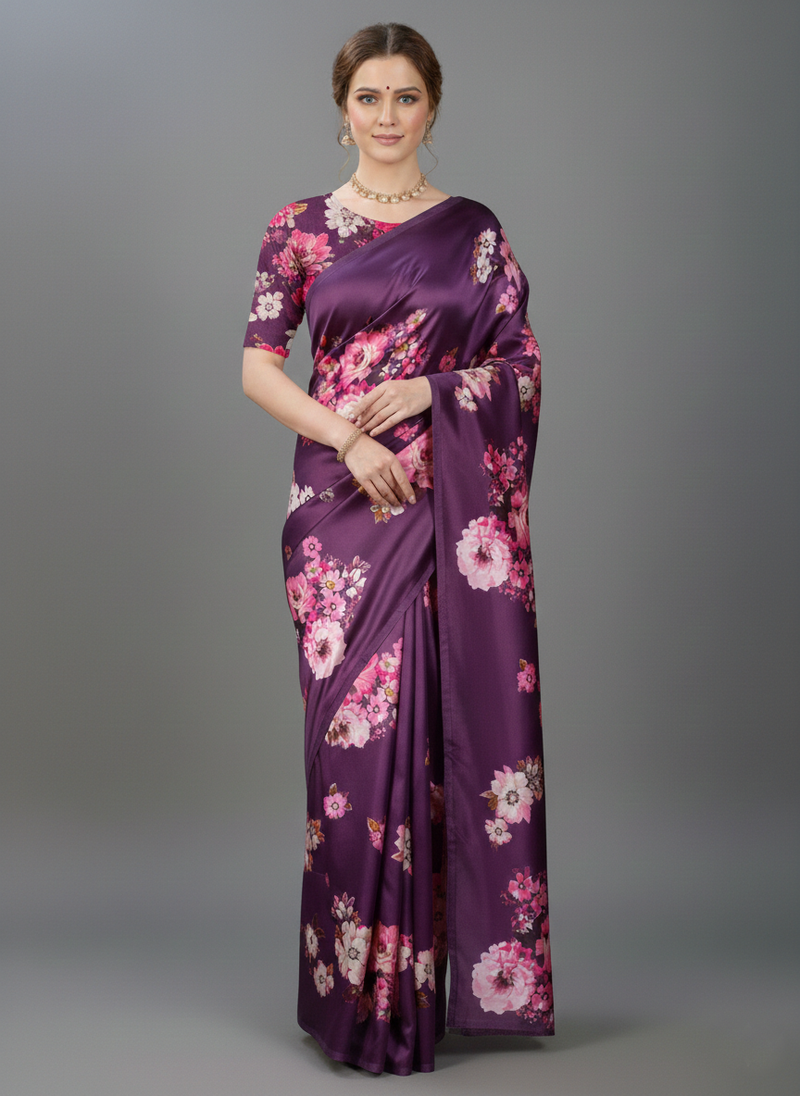 Purple printed satin saree with blouse piece
