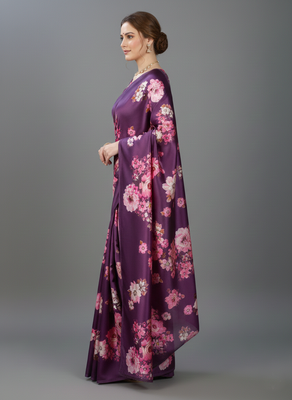 Purple printed satin saree with blouse piece 2