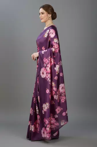 Purple printed satin saree with blouse piece