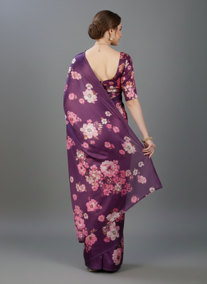 Purple printed satin saree with blouse piece 3