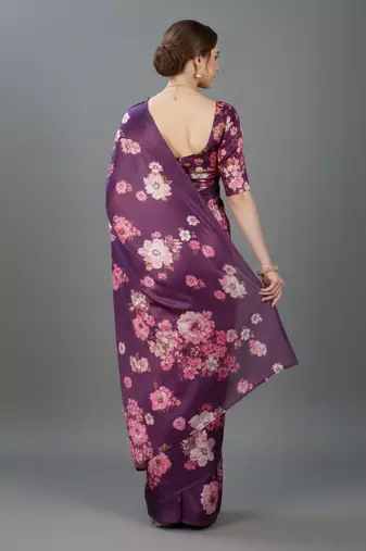 Purple printed satin saree with blouse piece
