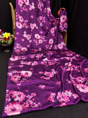 Purple printed satin saree with blouse piece 4