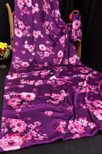 Purple printed satin saree with blouse piece